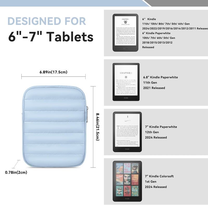 Clezolraa 6-7 Inch Puffy Sleeve Case for 7" Kindle Paperwhite 12th Gen/Colorsoft 2024, 6.8" Kindle Paperwhite 11th Gen, 6" Kindle 11th Gen 2024/2022, Oasis, Protective Pouch Bag, Blue - Image 2